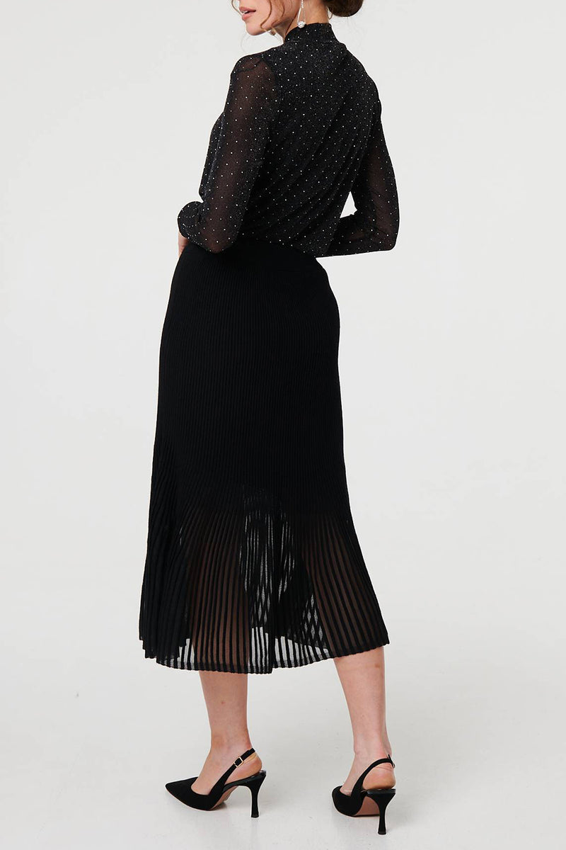 BLACK | Semi Sheer Layered Pleated Midi Skirt