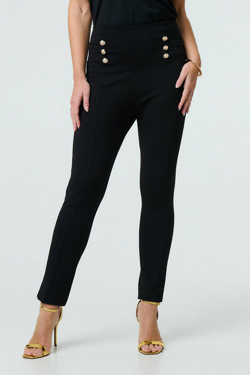 BLACK | Button Detail High Waist Skinny Trousers
