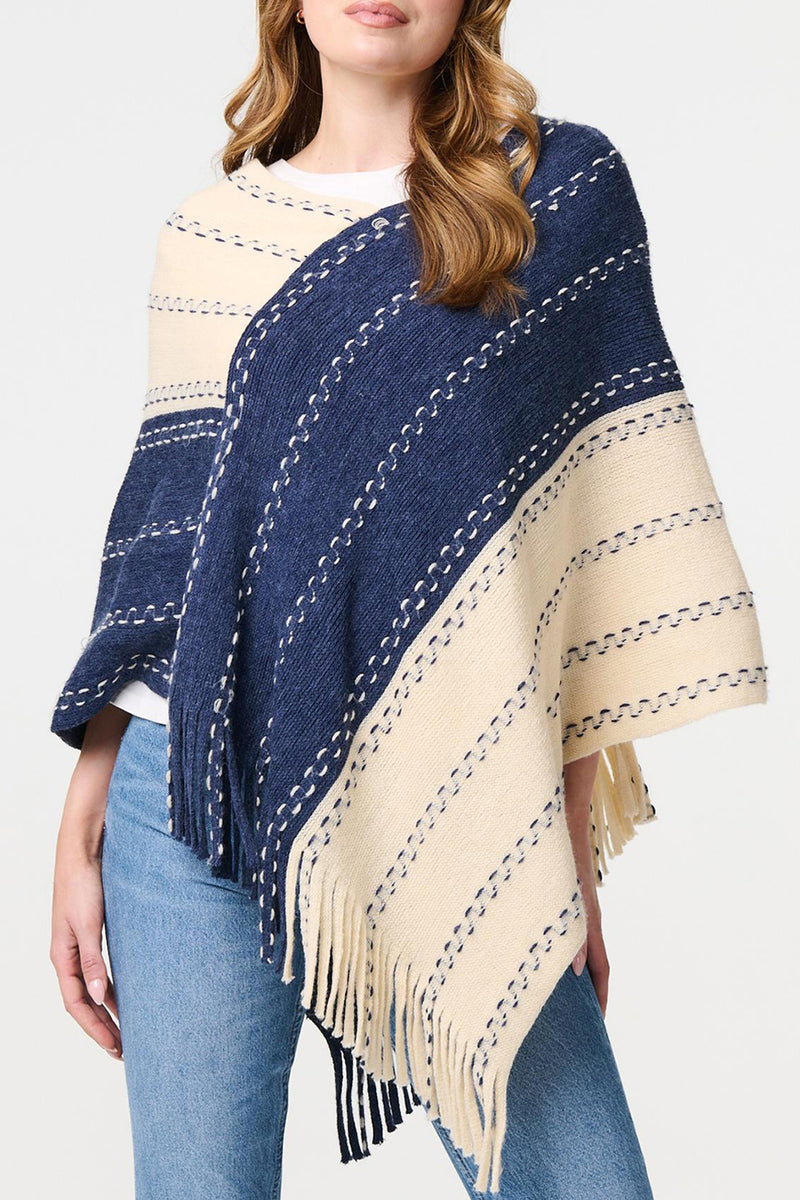 MULTIBLUE | Striped Oversized Tassel Fringe Poncho