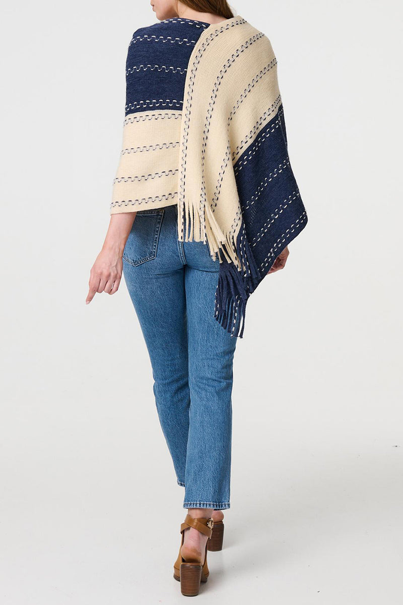 MULTIBLUE | Striped Oversized Tassel Fringe Poncho
