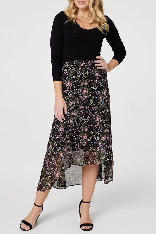 MULTI BLACK | Floral Sheer High Low Midi Skirt