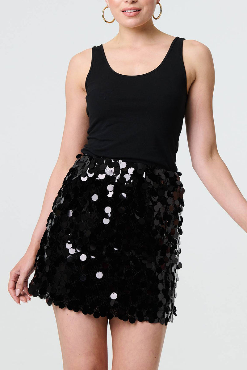 BLACK | Sequin Ruffle High Waist Mini Skirt