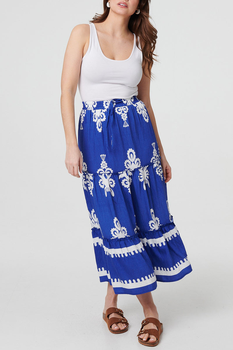 BLUE | Ikat Print High Waist Tiered Midi Skirt