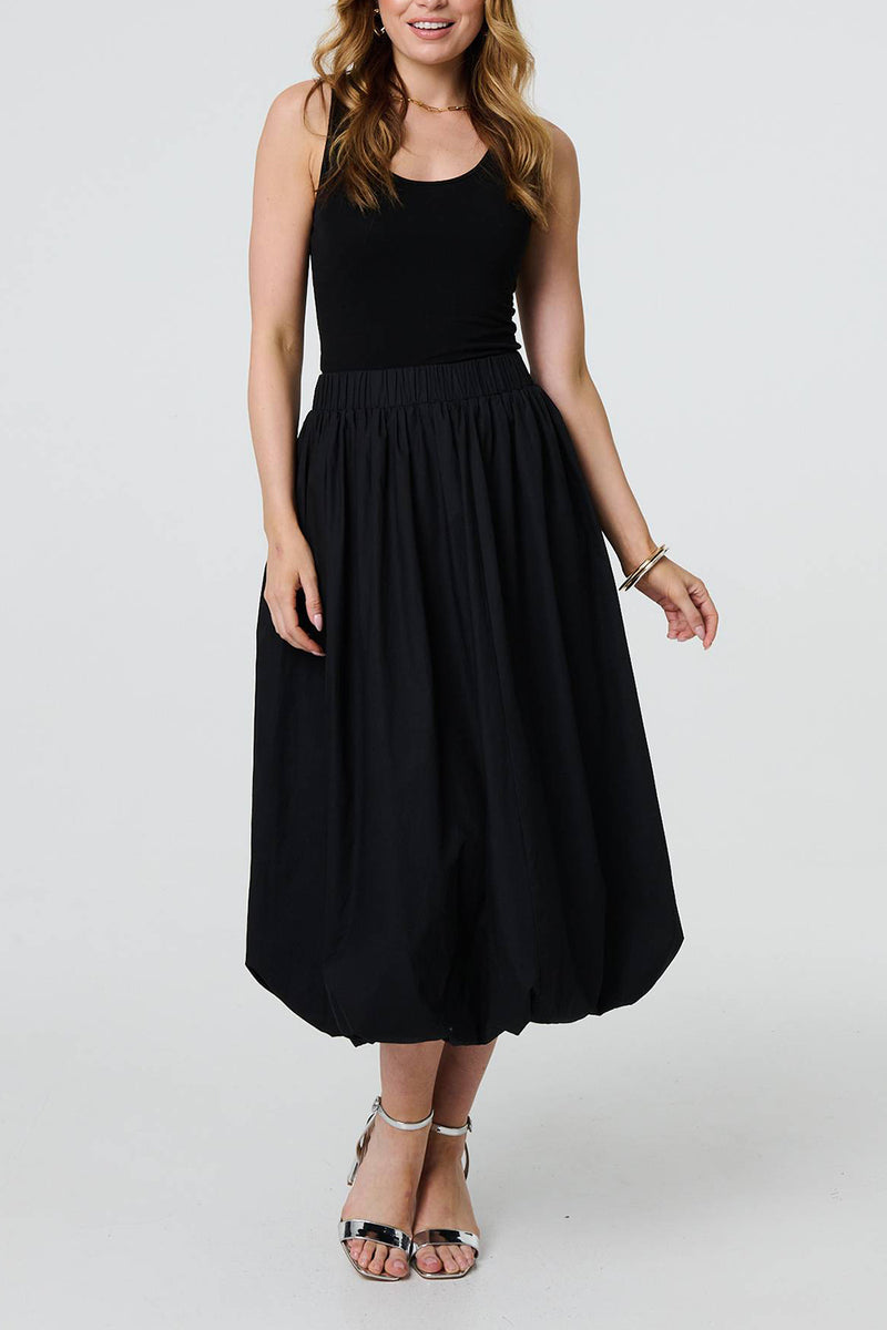 BLACK | High Waist Elasticated Midi Bubble Skirt