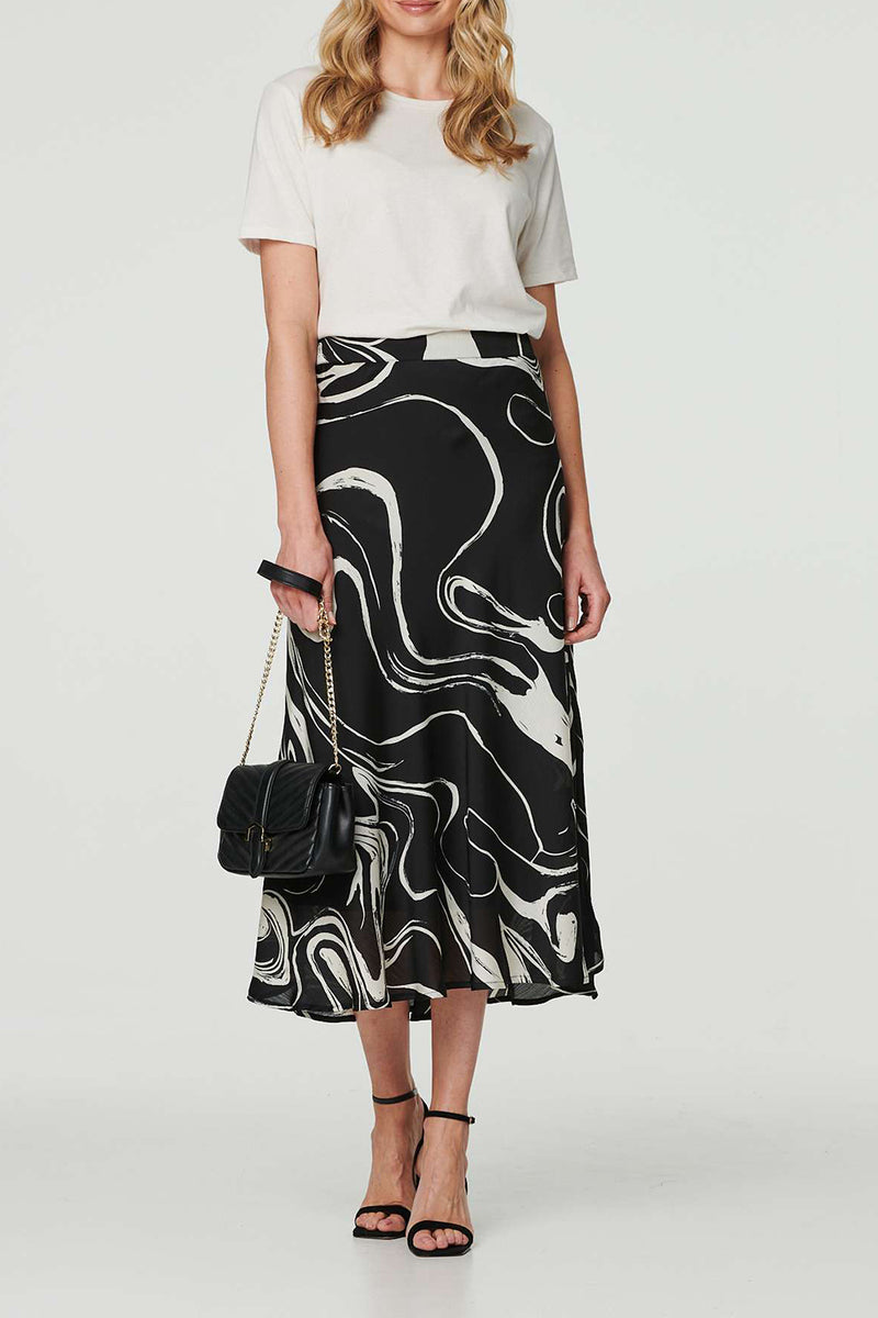 BLACK | Printed High Waist Straight Midi Skirt