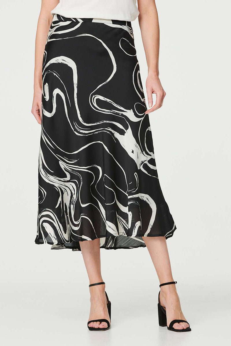 BLACK | Printed High Waist Straight Midi Skirt