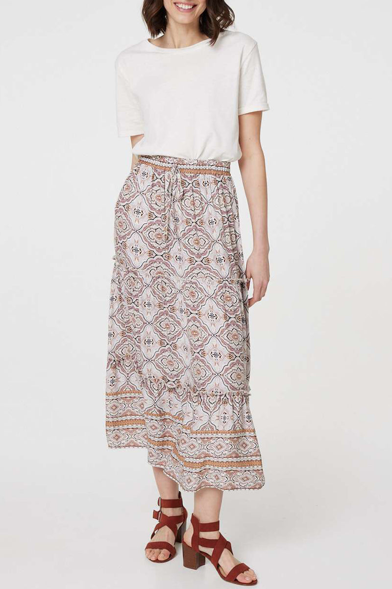 MULTI BEIGE | Printed High Waist Relaxed Midi Skirt