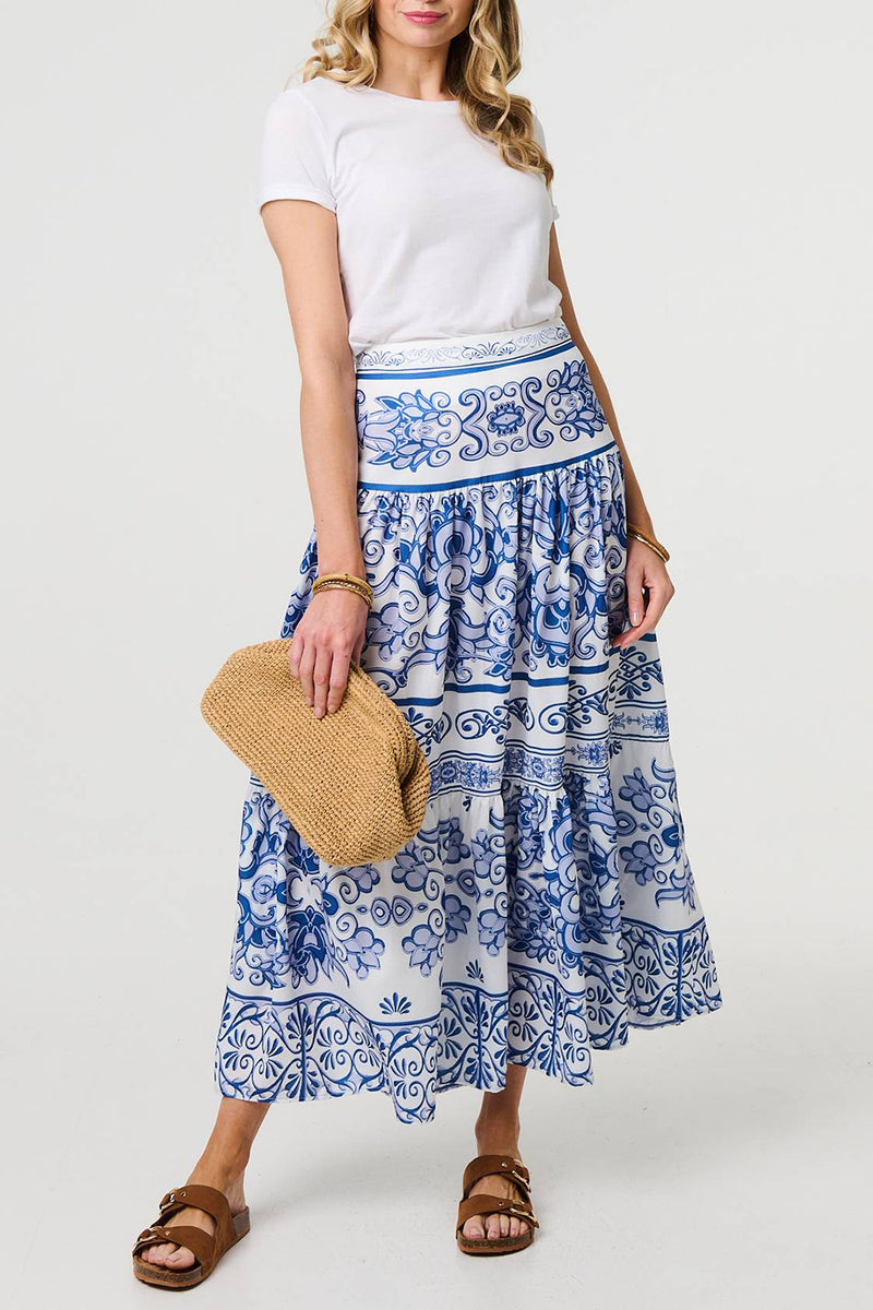 MULTI BLUE | Mosaic Print High Waist Maxi Skirt