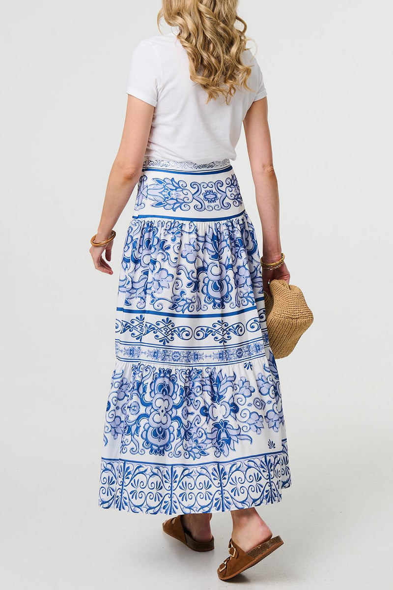 MULTI BLUE | Mosaic Print High Waist Maxi Skirt