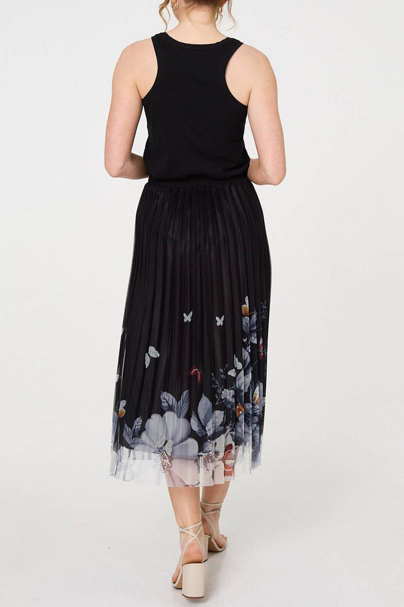 BLACK | BEIGE | Butterfly Print Pleated Mesh Midi Skirt