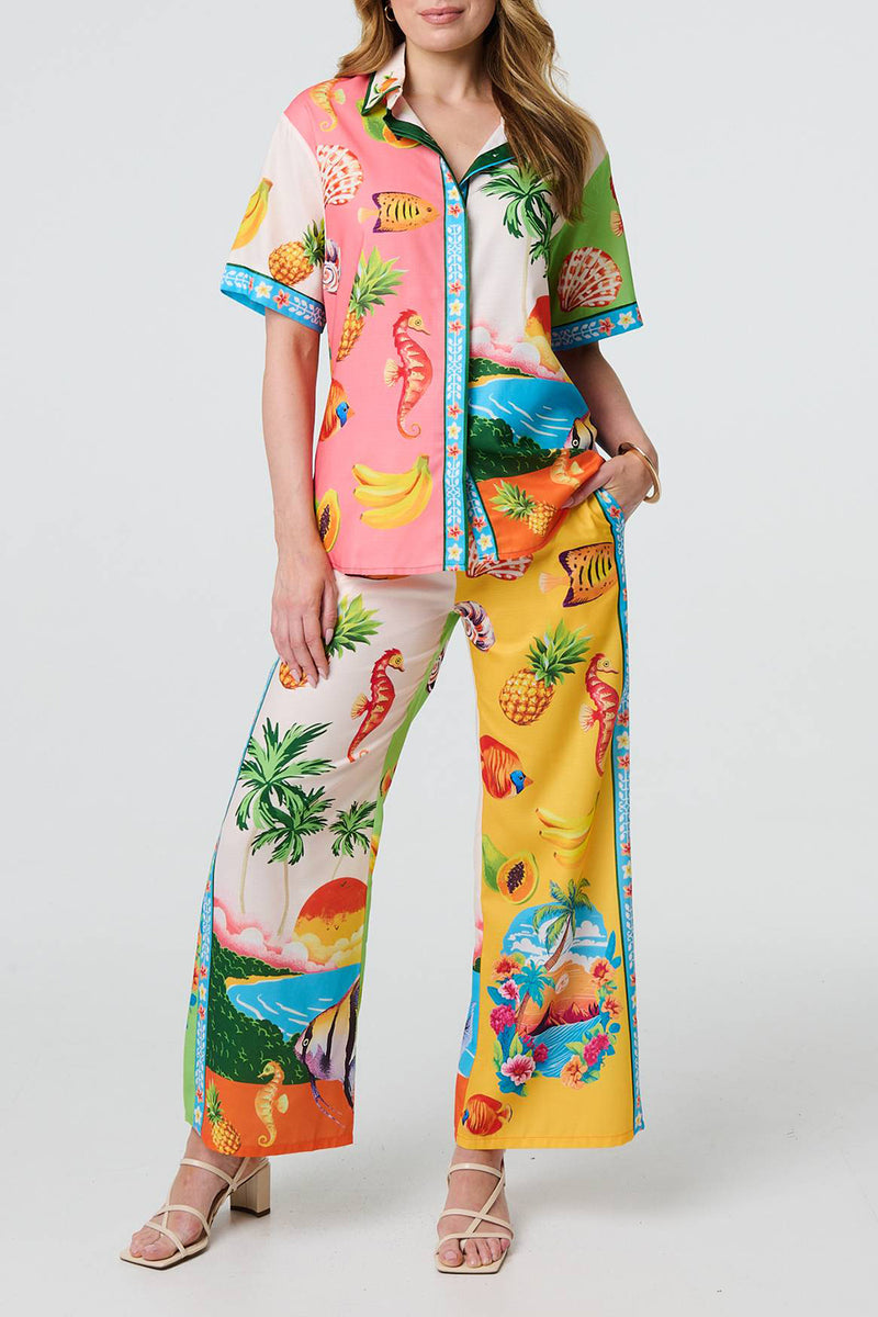 MULTI WHITE | Tropical Print Shirt Trousers Co-Ord Set