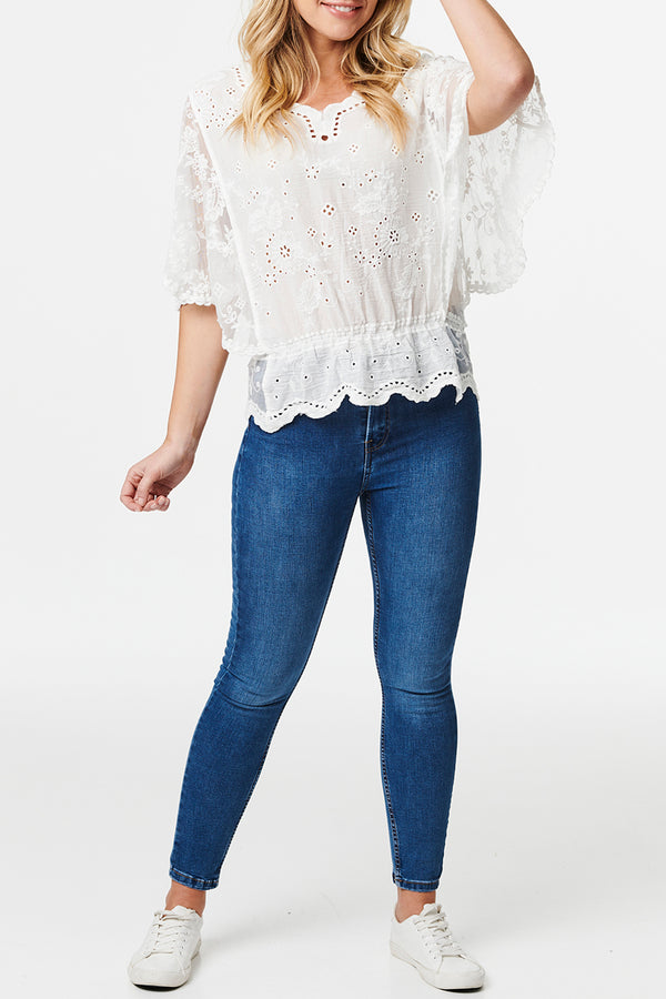 WHITE | Broderie Anglaise Peplum Blouse