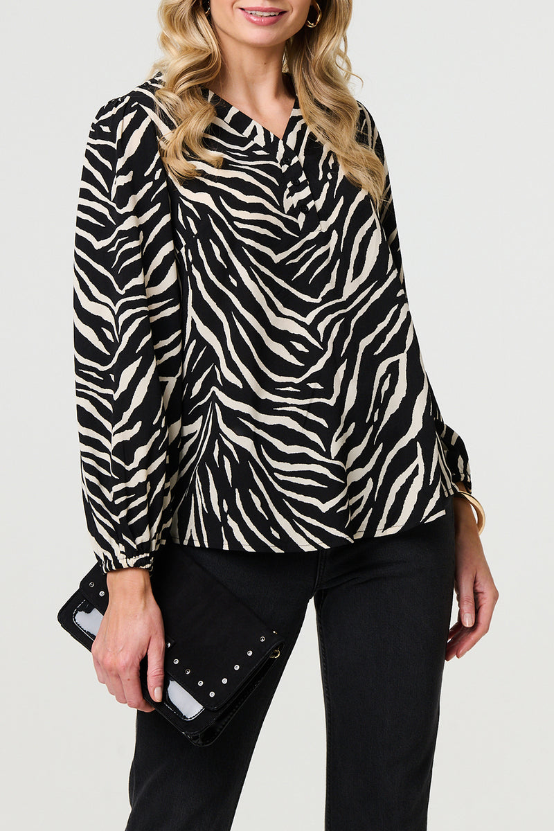 BLACK | Zebra Print Long Sleeve V-Neck Blouse