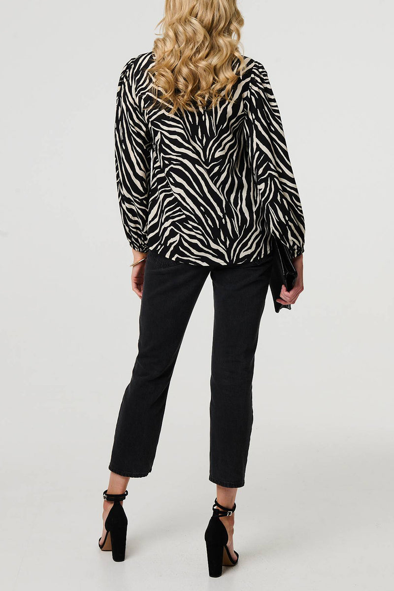 BLACK | Zebra Print Long Sleeve V-Neck Blouse