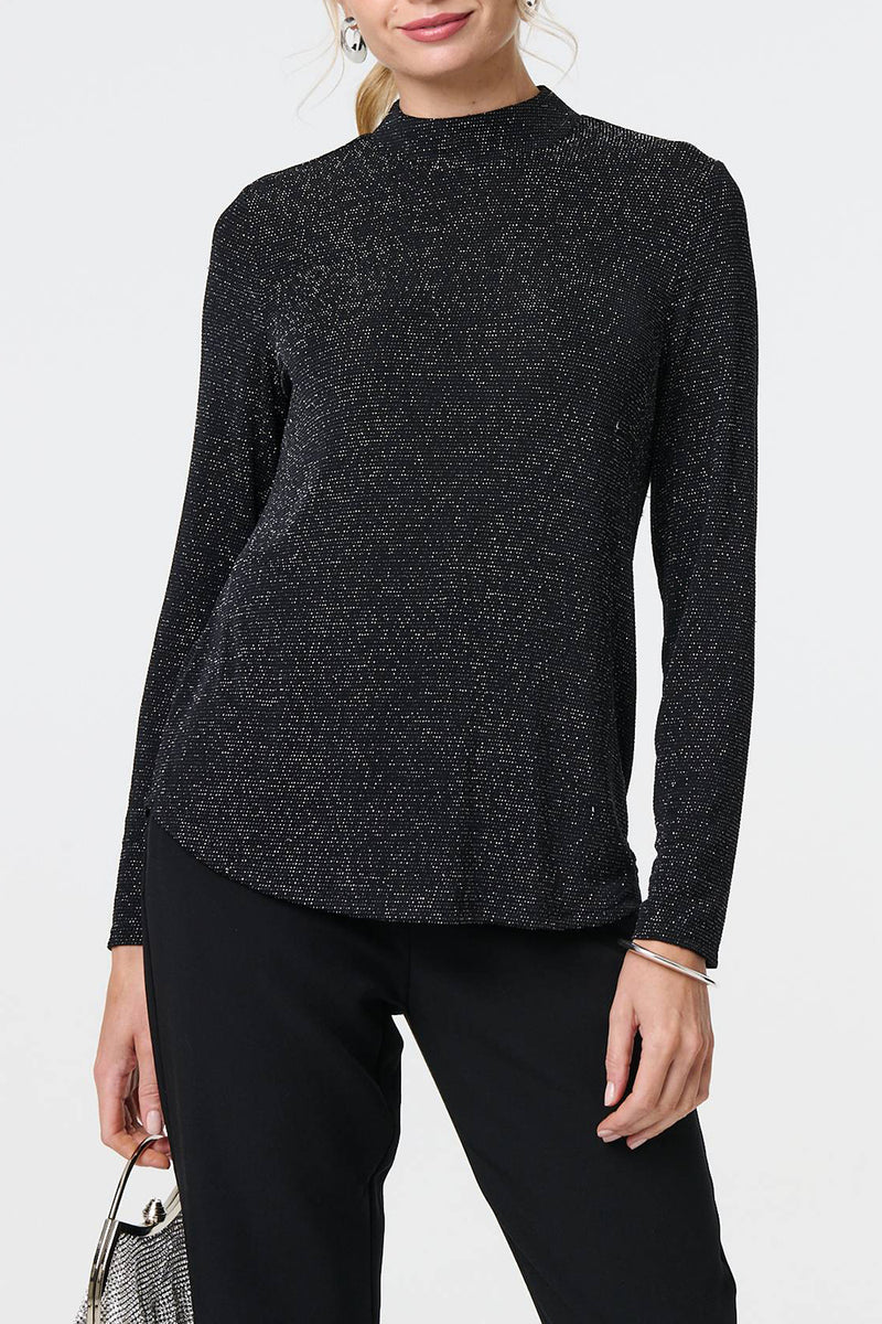 BLACK | Glittery High Neck Long Sleeve Top