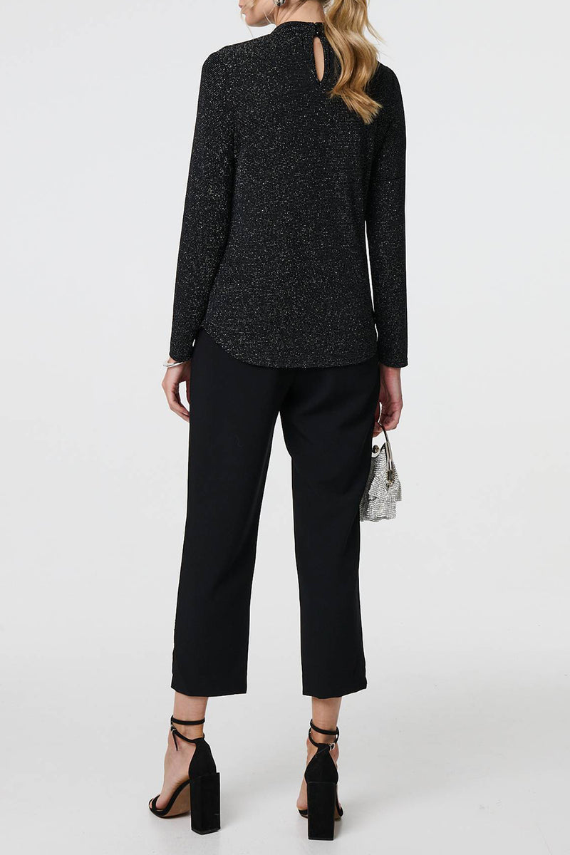 BLACK | Glittery High Neck Long Sleeve Top