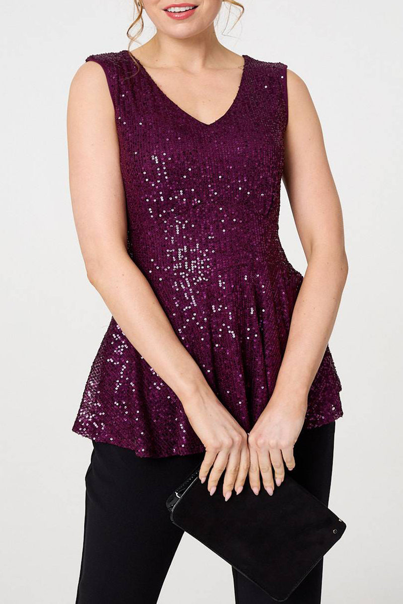 PURPLE | Sequin Embellished Sleeveless Peplum Top