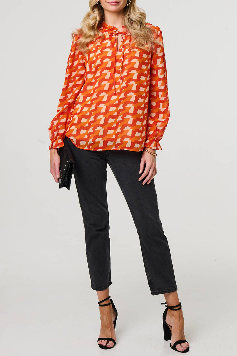 ORANGE | Printed Tie Neck Long Puff Sleeve Blouse