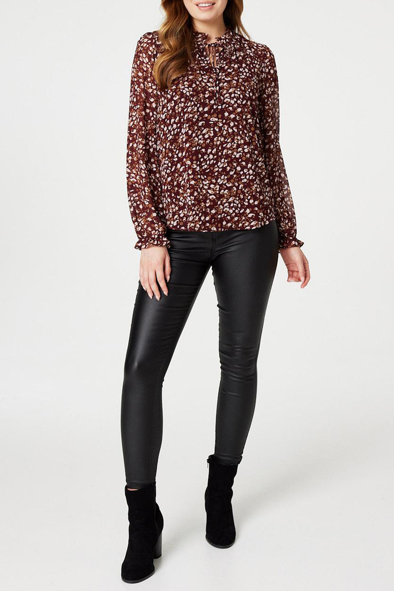 WINE| Floral Print High Neck Chiffon Blouse