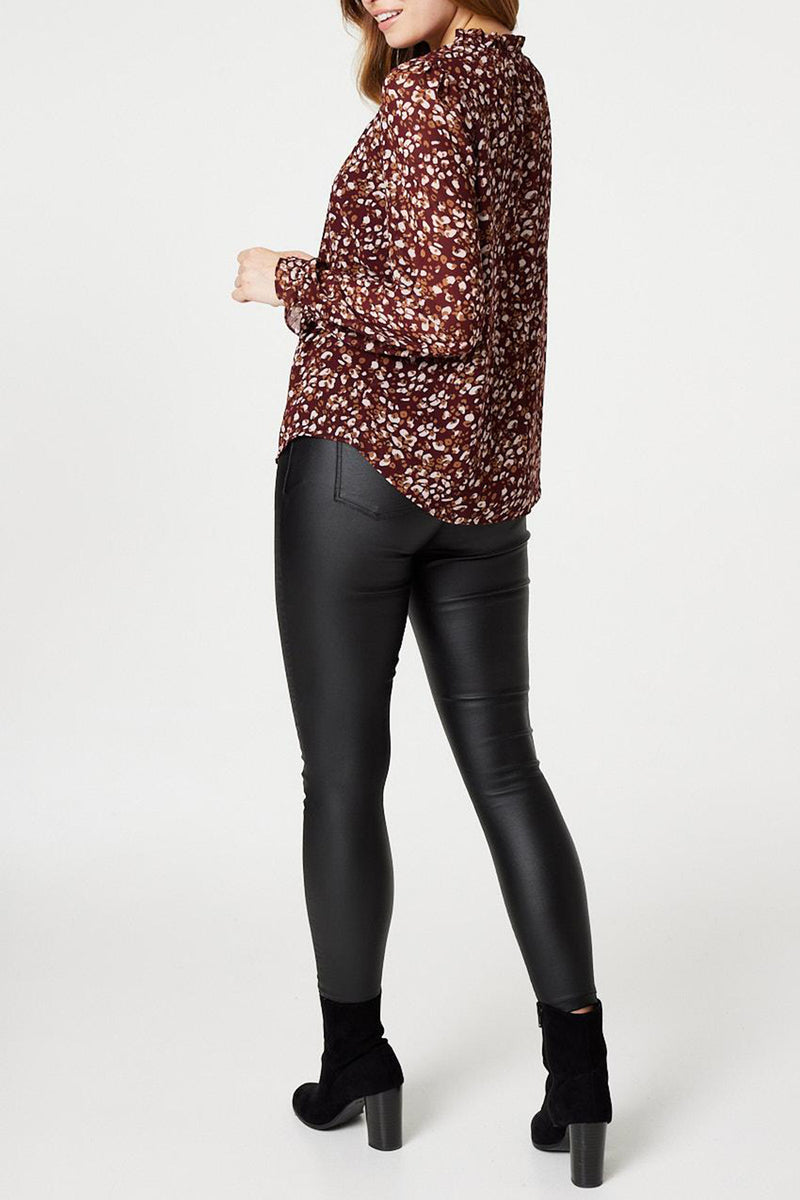 WINE| Floral Print High Neck Chiffon Blouse