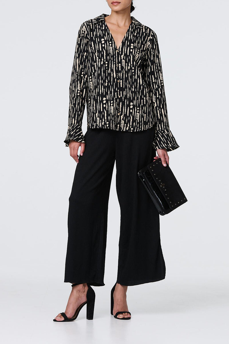 BLACK | Abstract Print Long Sleeve Blouse