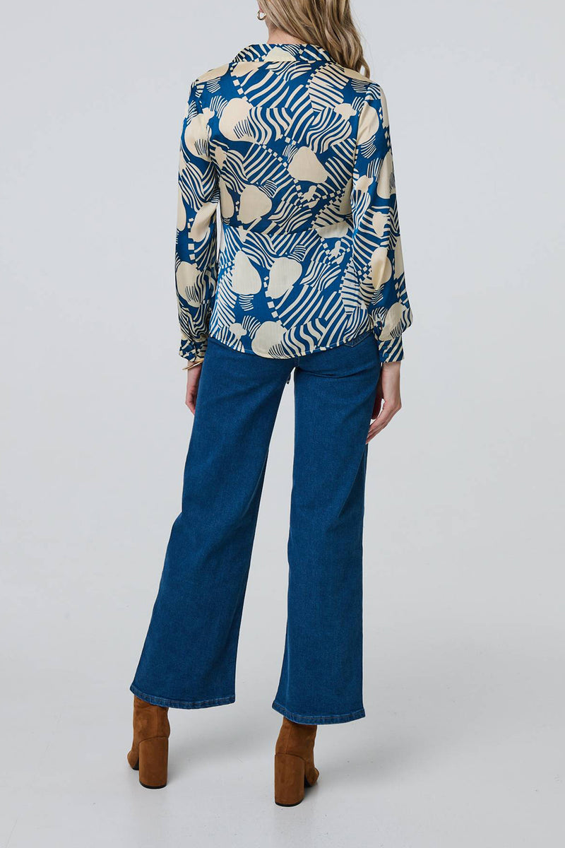 TEAL | Abstract Print Tie Neck Fitted Blouse