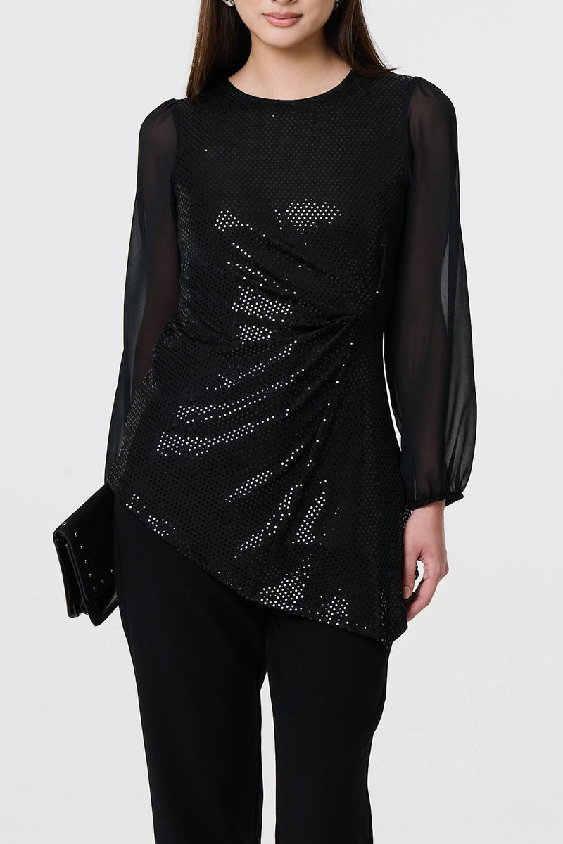 BLACK | Sparkly Semi Sheer Asymmetric Blouse
