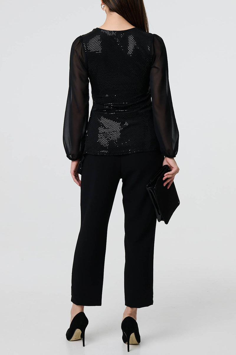 BLACK | Sparkly Semi Sheer Asymmetric Blouse