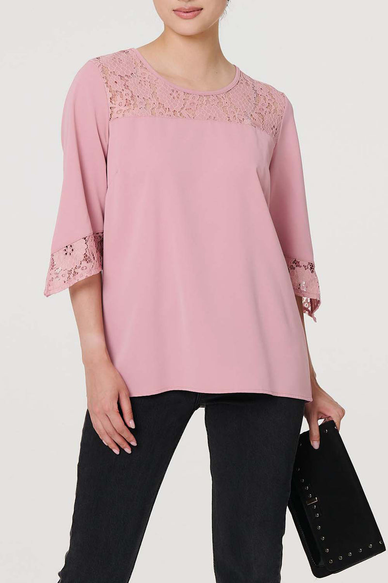 PINK | Lace Trim 3/4 Flare Sleeve Relaxed Blouse