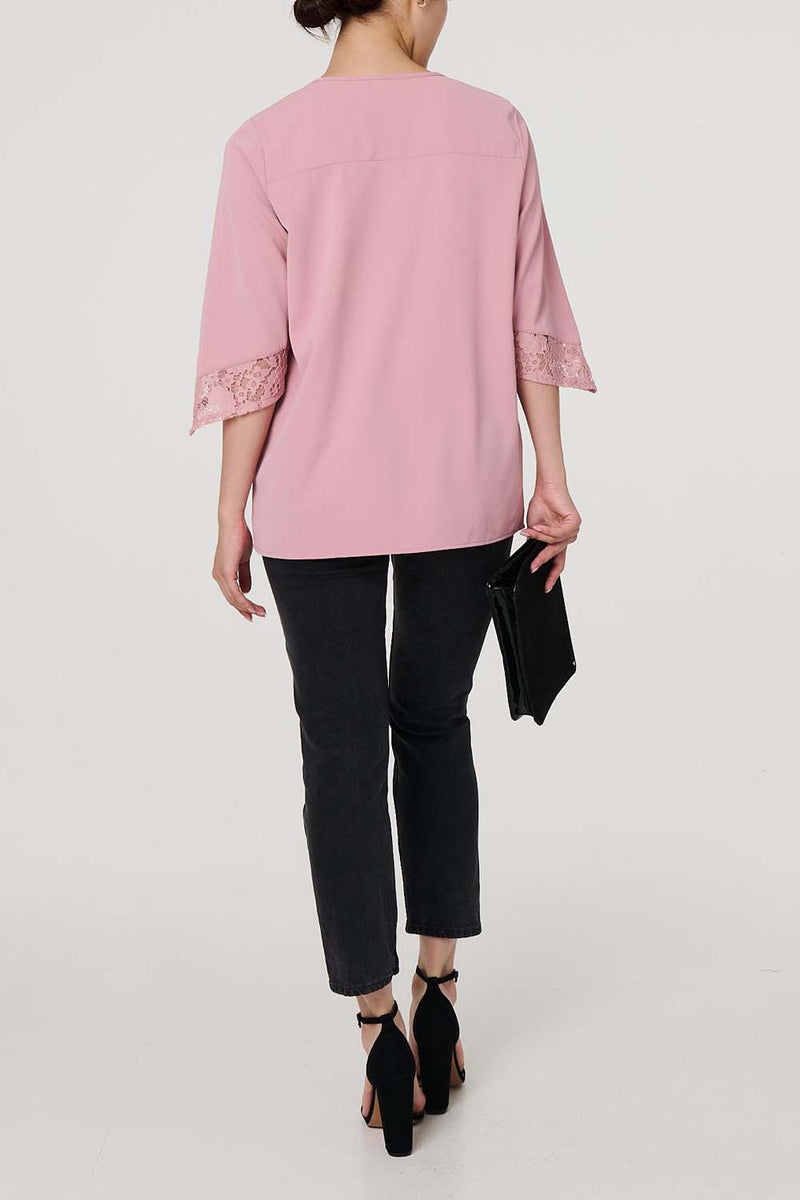 PINK | Lace Trim 3/4 Flare Sleeve Relaxed Blouse