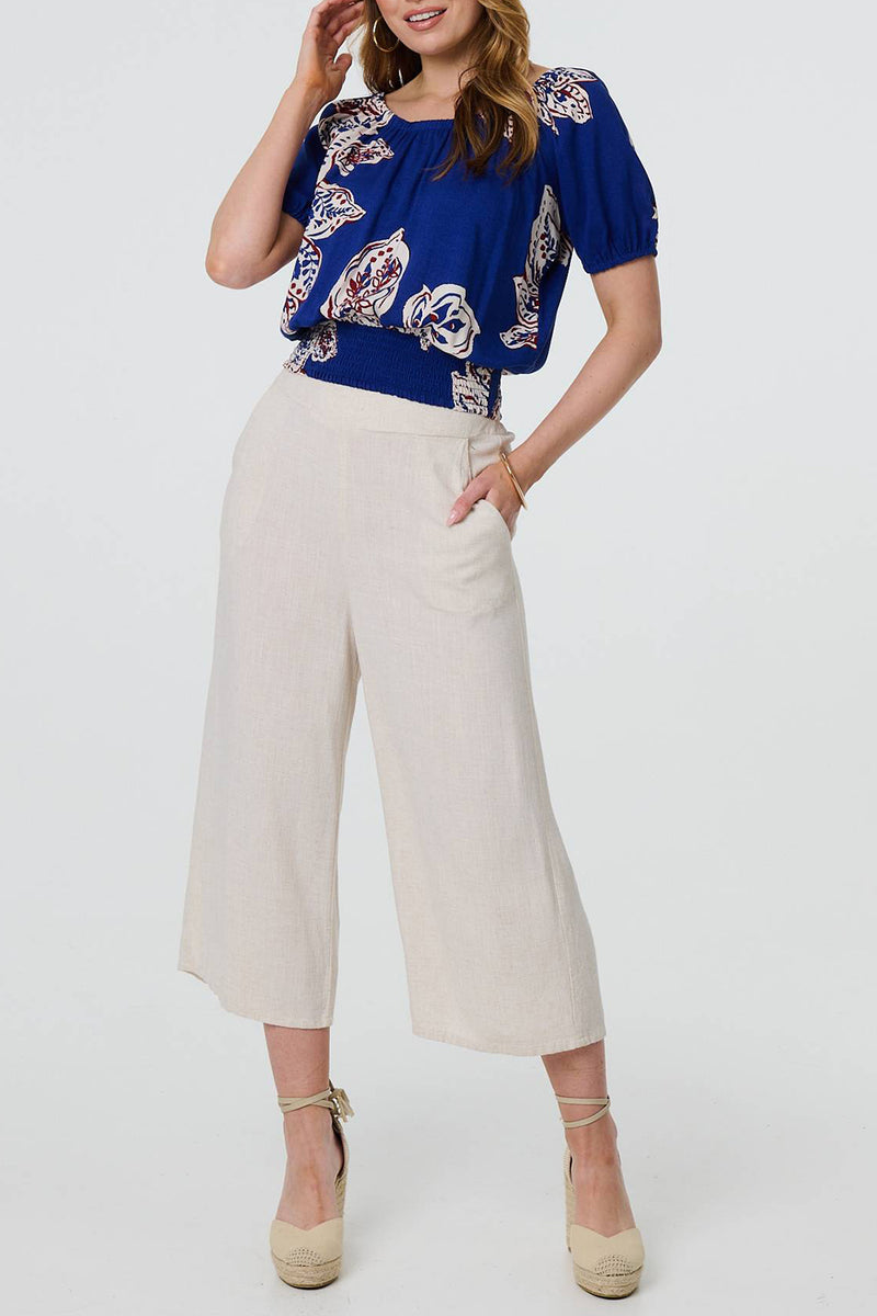 BLUE | Leaf Print Puff Sleeve Bardot Crop Top