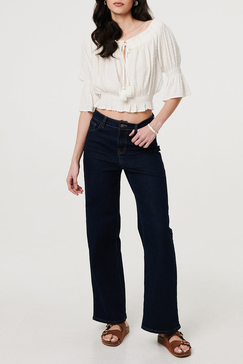 WHITE | Textured Flared Sleeve Bardot Crop Top