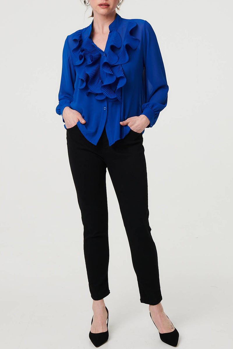 BLUE | Semi Sheer Ruffle Front V-Neck Blouse