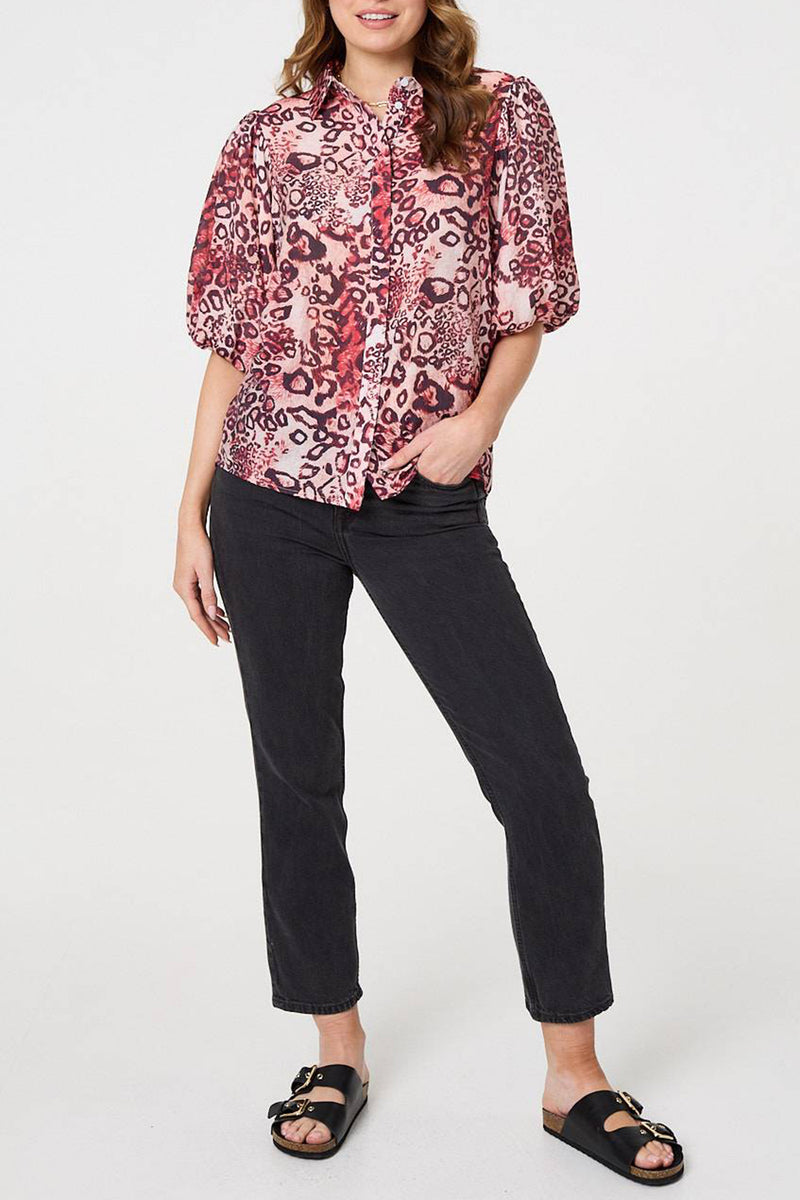 RED | Animal Print 3/4 Puff Sleeve Shirt