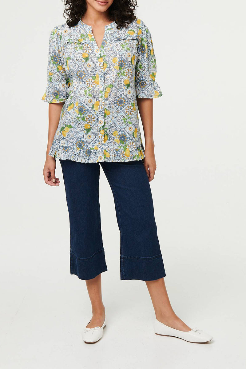 MULTI BLUE | Mosaic Print 1/2 Sleeve Frill Trim Shirt