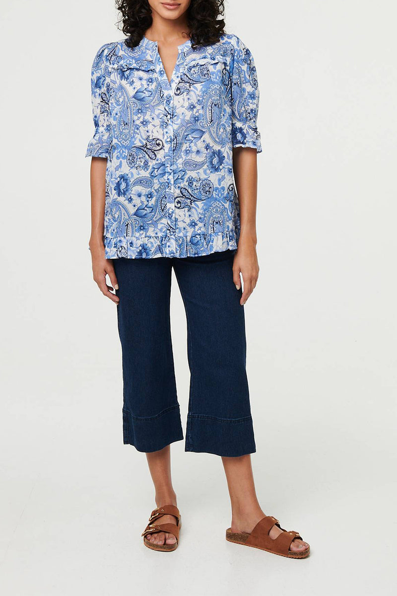 MULTI BLUE | Paisley Frill Trim 1/2 Sleeve Shirt
