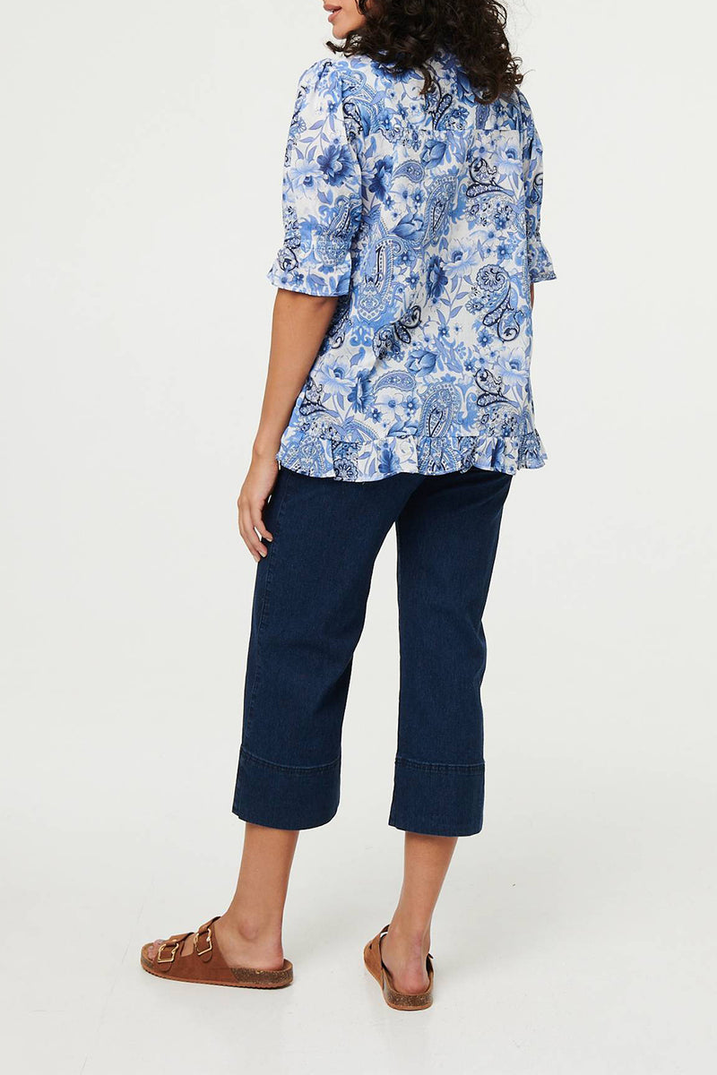 MULTI BLUE | Paisley Frill Trim 1/2 Sleeve Shirt
