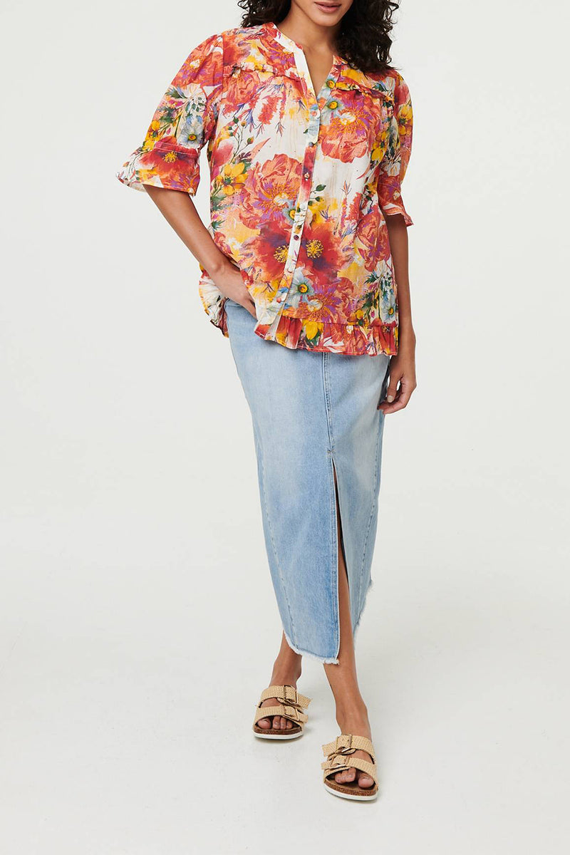 MULTI ORANGE | Floral 1/2 Sleeve Frill Trim Shirt
