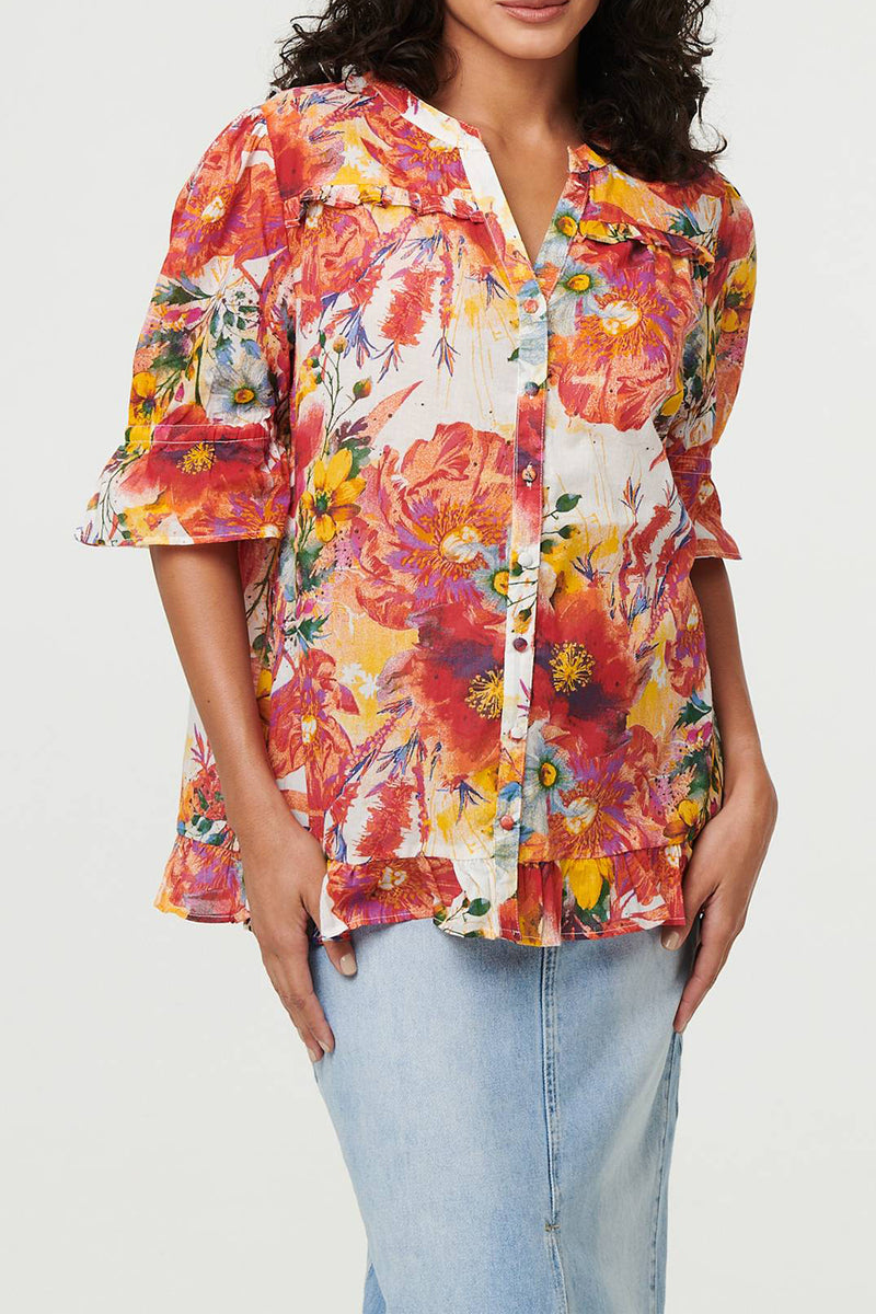 MULTI ORANGE | Floral 1/2 Sleeve Frill Trim Shirt