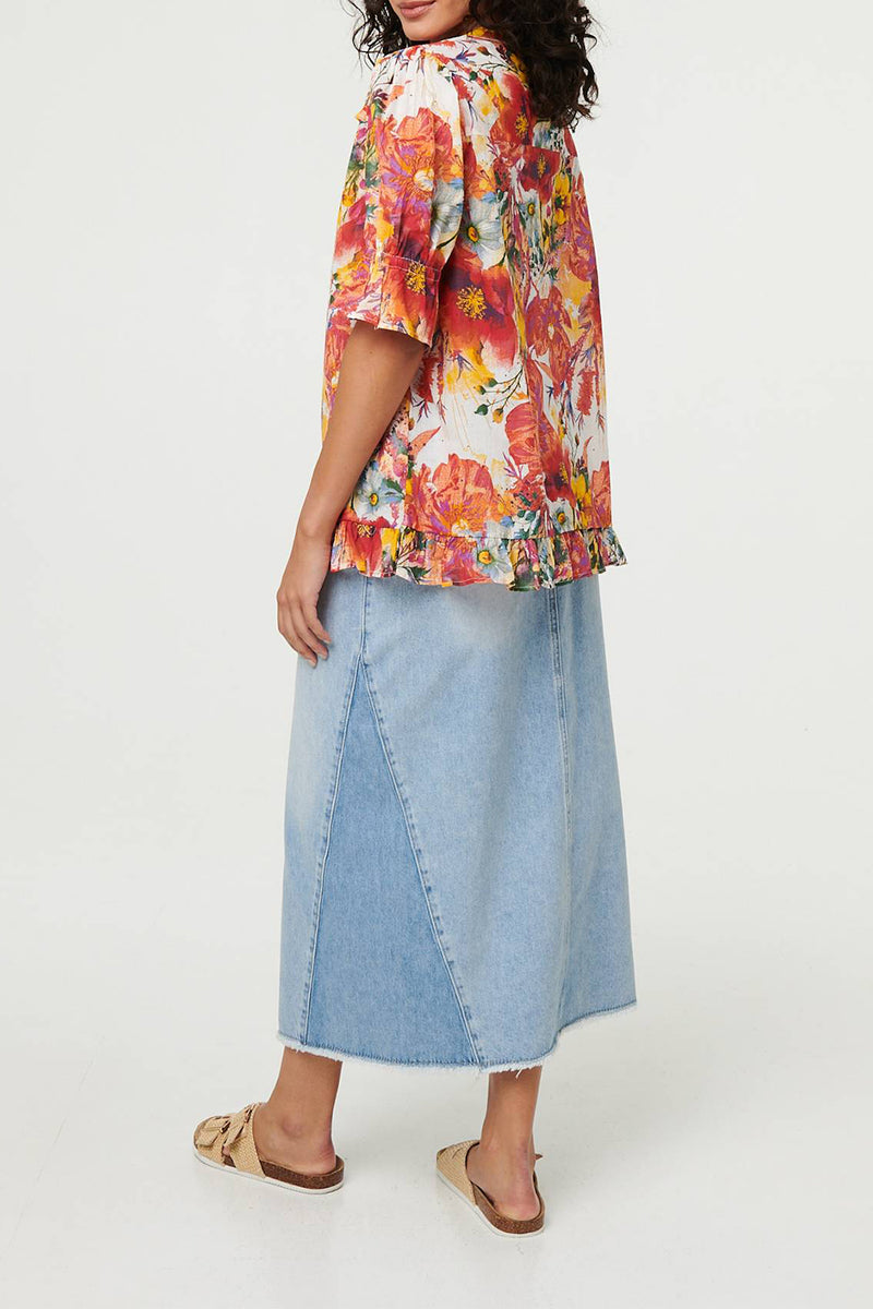 MULTI ORANGE | Floral 1/2 Sleeve Frill Trim Shirt