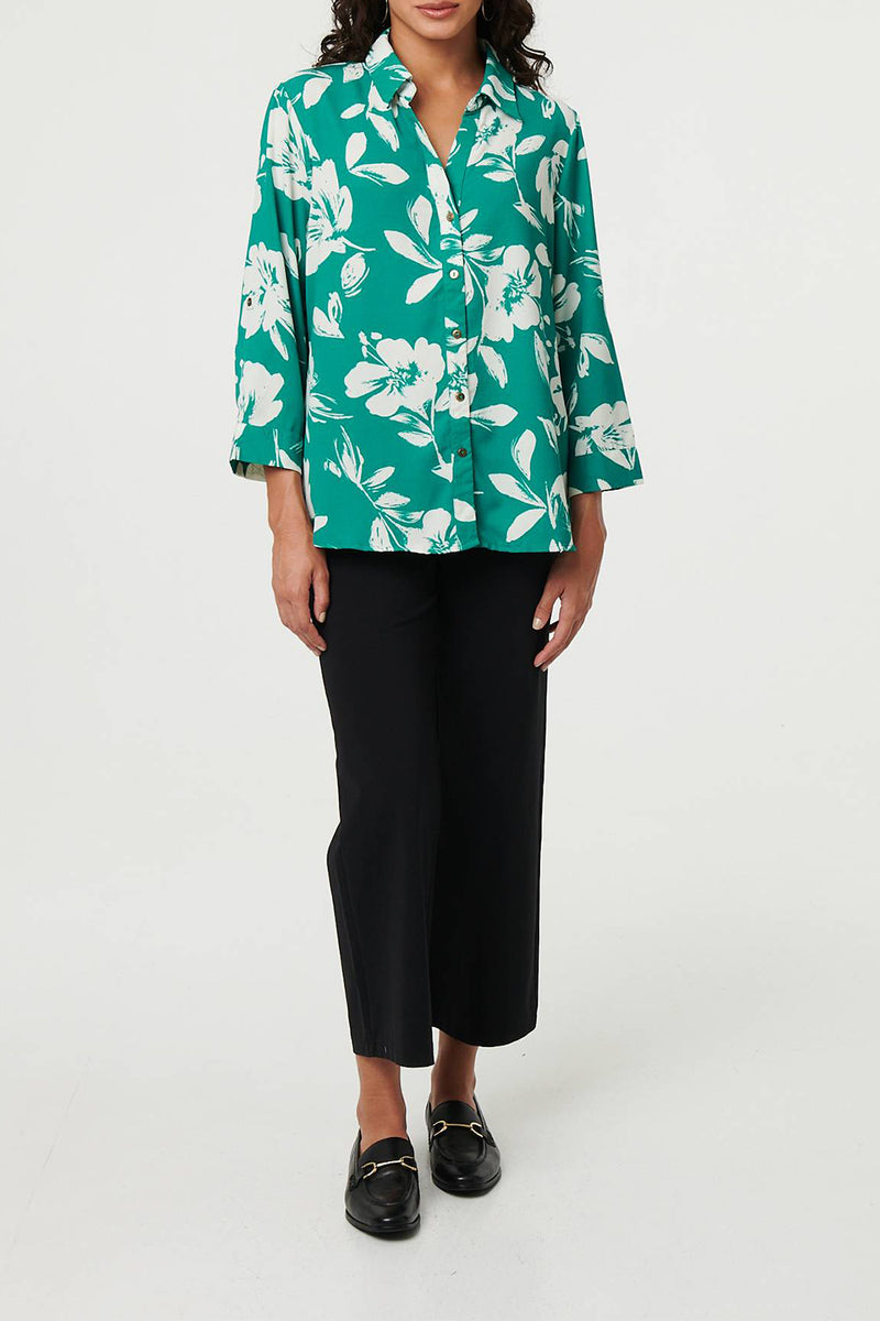 MULTI GREEN | Floral 3/4 Sleeve Relaxed Shirt