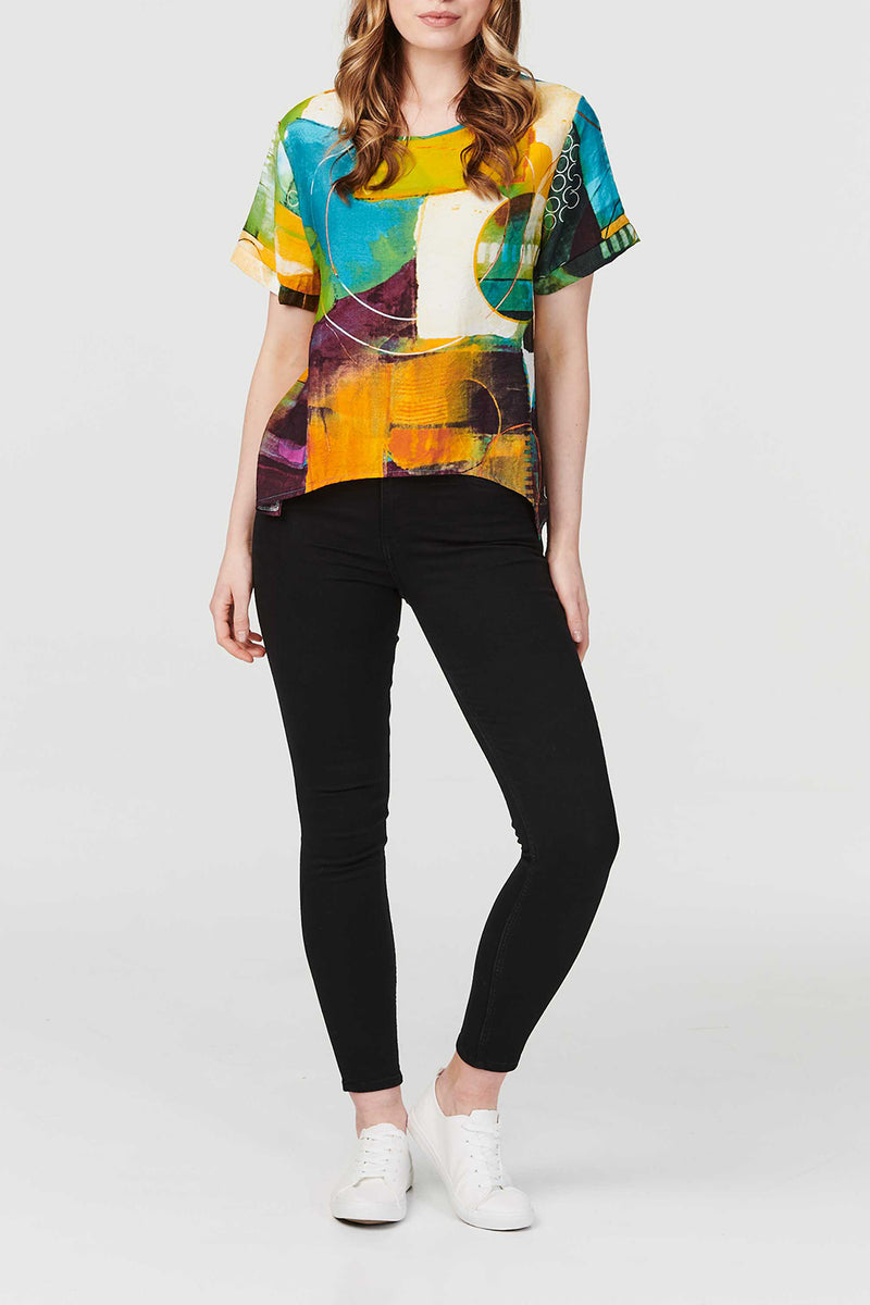 MULTI BEIGE | Abstract Short Sleeve Curve Hem T-Shirt