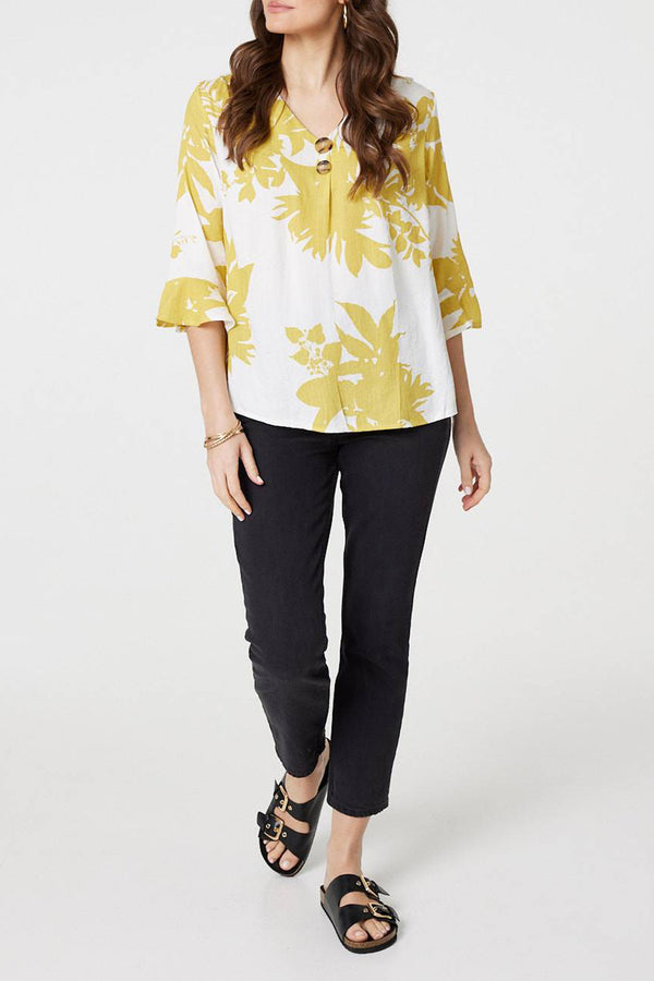 YELLOW | Floral Print 3/4 Tulip Sleeve Blouse Top