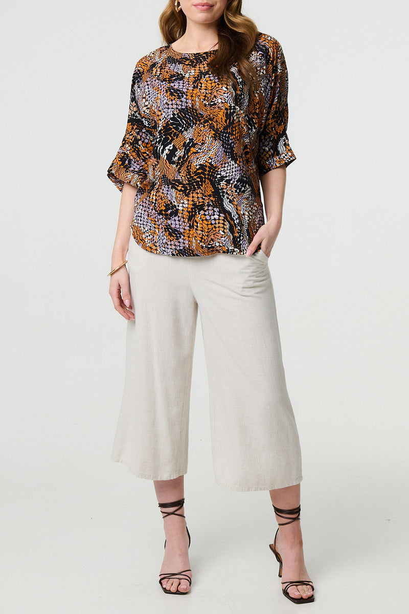 MULTI BLACK | Animal Print 3/4 Sleeve Curve Hem Blouse