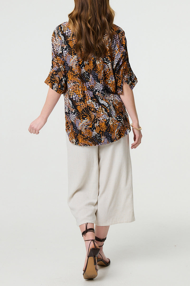 MULTI BLACK | Animal Print 3/4 Sleeve Curve Hem Blouse