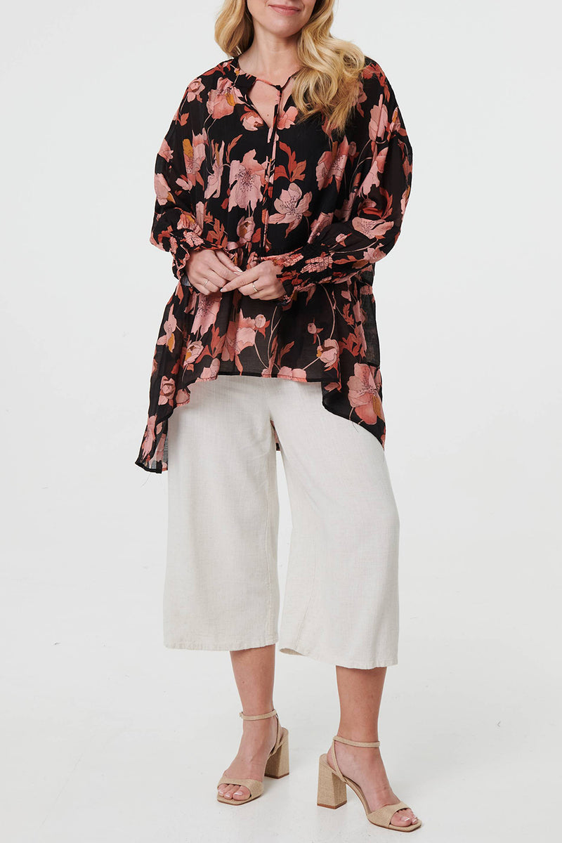 BLACK | Floral Tie Neck Frilled Tunic Blouse