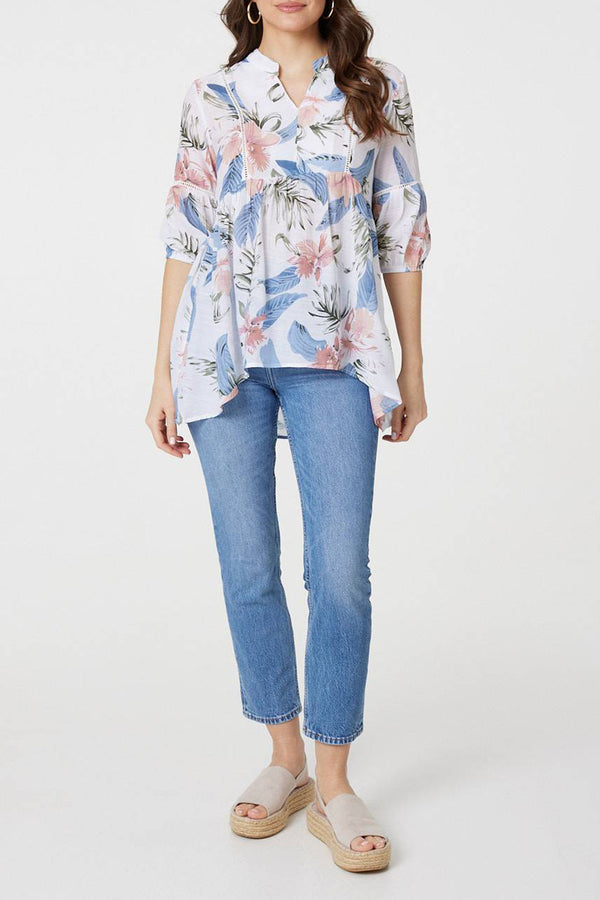 WHITE | Floral Collarless 1/2 Sleeve Blouse