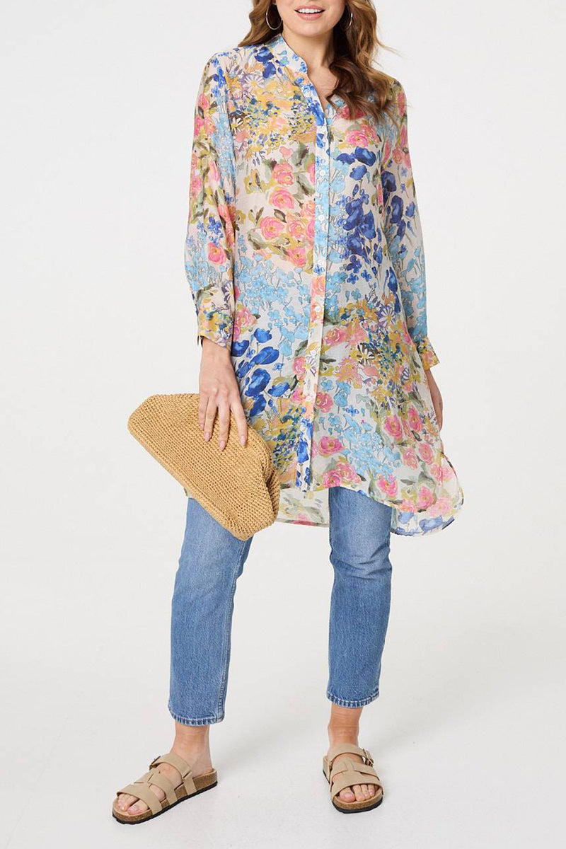 MULTI BLUE | Floral Long Sleeve Tunic Shirt