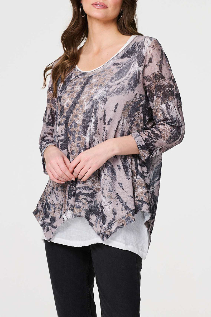 BEIGE | Animal Print Layered Hanky Hem Tunic