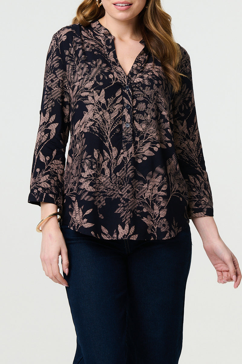 NAVY | Leaf Print Curve Hem 3/4 Sleeve Shirt